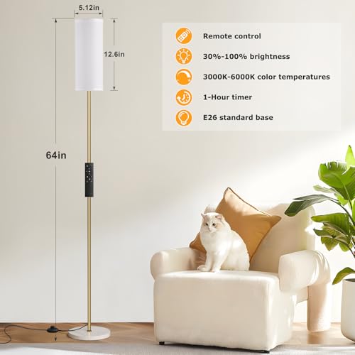 64'' Floor Lamps for Living Room with Remote Control and Stepless Dimmable Colors Temperature & Brightness, Gold Standing Lamp with White Marble Base - color: white marble & brushed gold, size: 64.57 inches Round Shade