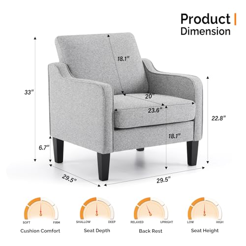 VINGLI Accent Chairs for Living Room Mid Century Modern Chair Sofa Chair Upholstered Arm Chair with Scooped Arms for Bedroom, Apartment, Office, Studio, Waiting Room, Play Room - color: Grey