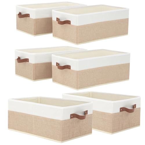 6 Pack Fabric Storage Bins, Large Storage Baskets for Shelves | Foldable Closet Organizer Storage Boxes with Leather Handles for Clothes, Sheets, Jeans, Toys, Books (Beige and White) - style: 6 Pack Beige & White