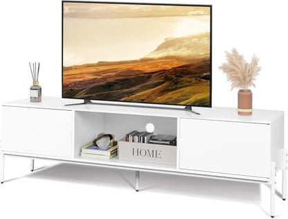 WLIVE 58" TV Stand for 65 Inch TVs, Mid Century Modern Entertainment Center with 2 Storage Cabinets & Open Shelf, Media Console Table with Metal Legs for Living Room, Bedroom, White - color: White