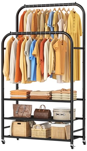HOMIDEC Clothes Rack,Double Rods Clothing Rack with 3 Tier Shelve&Wheels | Metal Garment Rack Multifunctional Closet Organizers and Storage System for Bedroom,Wardrobe Closet,Shop,Black - color: Gloss Black