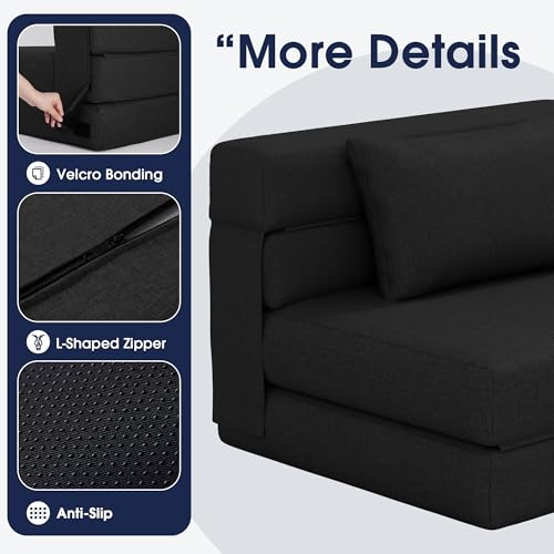 3 in 1 Foldable Chair Bed, Folding Sleeper Chair with Back Cushion, Convertible Chair Bed Sleeper for Adults, Black - color: Carbon Black, size: Modern
