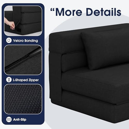 3 in 1 Foldable Chair Bed, Folding Sleeper Chair with Back Cushion, Convertible Chair Bed Sleeper for Adults, Black - color: Carbon Black, size: Modern