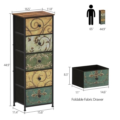 Small Dresser for Bedroom with Retro Flower Narrow Drawers Slim Chest of Drawers Skinny Nightstand Sofa End Table for Living Room Entryway Closet Storage (Multi, 5 Drawers) - size: 11.8"D x 16.5"W x 45.5"H (5 Drawers)