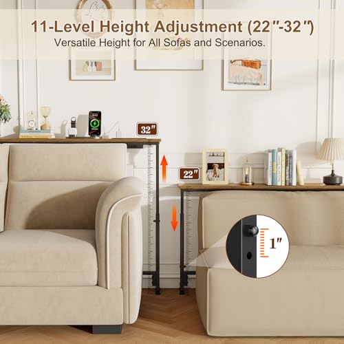 keomaisyto 2 Pack Narrow Sofa Table with Power Outlets, 22"-32" Height Adjustable Behind Couch Table, Skinny Console Table for Living Room,78.8" Long x 5.9" Wide, Rustic Brown