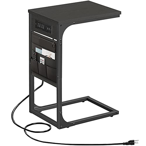 TUTOTAK C Shaped End Table with Charging Station, Side Table for Sofa | Couch Table with Storage Bag, TV Tray with 2 USB Ports and Outlets, Living Room and Bedroom, Black TB01BK024 - color: Black, size: 1 Pack (11.8"W), style: With Plug