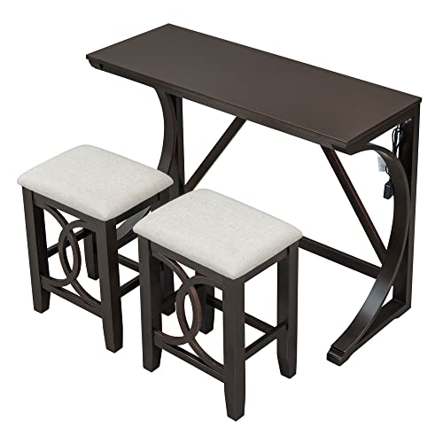 RuiSiSi 3 Piece Counter Height Dining Set, Farmhouse Kitchen Table Set with USB Port and 2 Upholstered Stools, Breakfast Nook Set for Kitchen, Dining Room, Living Room, Espresso - color: Espresso