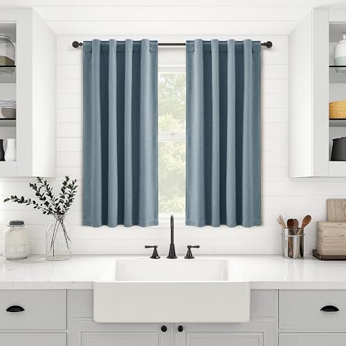 100% Blackout Kitchen Linen Curtains Back Tab Pleated Small Drape 36 Inch Length Privacy Thermal Insulated Elegant Mini Cafe Curtain for Rustic Farmhouse Bathroom Bedroom Blue 26x36 - color: Blue, size: 26"W x 36"L (Pack of 2)