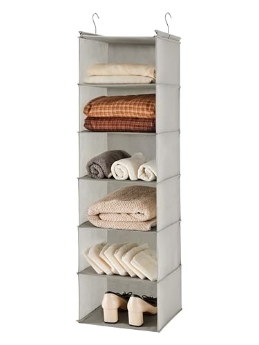 MAX Houser 6 Tier Shelf Hanging Closet Organizer with 2 Hooks, Light Grey | foldable lightweight fabric closet storage, space-saving design for Bedroom, Closet Hanging Shelf for Storage - color: Light Grey