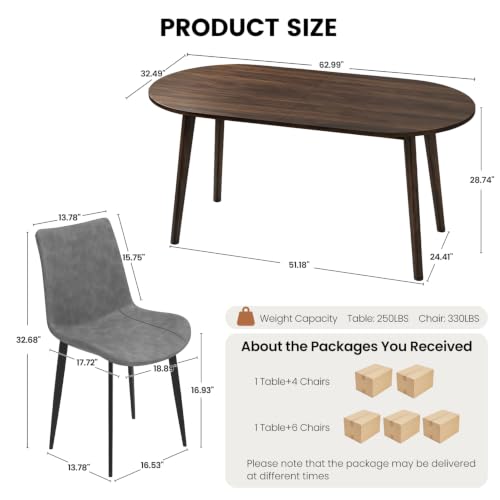 63" Oval Dining Table Set for 4 with Solid Wood Legs | 5 Piece Walnut Dining Table Set for Kitchen and Dining Room Furniture, 4 PU Grey Dining Chairs, Mid Century Modern - color: Walnut Table Grey Chairs