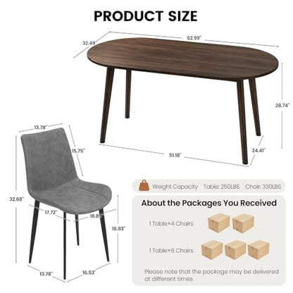 63" Oval Dining Table Set for 4 with Solid Wood Legs | 5 Piece Walnut Dining Table Set for Kitchen and Dining Room Furniture, 4 PU Grey Dining Chairs, Mid Century Modern - color: Walnut Table Grey Chairs