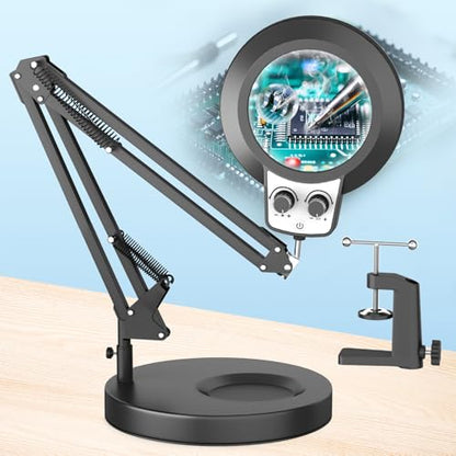 HITTI 12X & 30X Magnifying Glass with Light, Infinite Color and Brightness Desk Lamp & Clamp, 2-in-1 LED Lighted Magnifier Stand for Craft Reading Hobby Soldering Puzzle (12X & 30X Ring Base & Clamp) - size: 12X & 30X Ring Base & Clamp