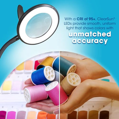 OttLite LED Clip-On Magnifier Lamp with Optical Grade Magnification, Black | ClearSun LEDs | 1.75x Optical Grade Magnifier with 4x Spot Viewer | Sturdy Clip | 3 Brightness Settings - color: Black