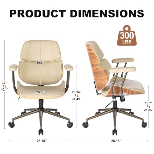 Mid Century Walnut Bentwood PU Leather Office Chair with Arms, Beige | Curved walnut bentwood back & seat; removable armrests; PU leather upholstery; swivel & rolling; for home office & study - color: Beige, size: 2-Section Back / No Headrest