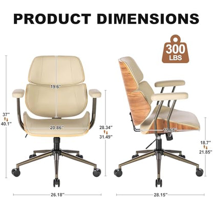 Mid Century Walnut Bentwood PU Leather Office Chair with Arms, Beige | Curved walnut bentwood back & seat; removable armrests; PU leather upholstery; swivel & rolling; for home office & study - color: Beige, size: 2-Section Back / No Headrest
