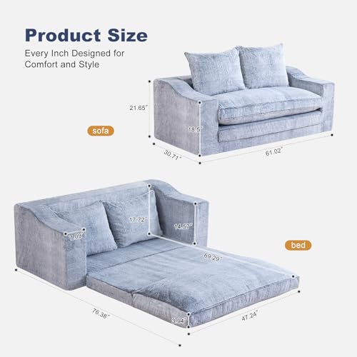 61" Boneless Loveseat Sleeper, Folding Sofa Bed with Faux Fur Cover, L-Grey | Memory Foam Pull Out Futon Bed with Removable Washable Cover, Space-Saving Fold Out Couch for Living Room & Guest Room - color: Light Grey