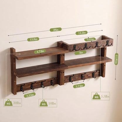 28" Coat Rack Wall Mount with Shelf 4 in 1 Two Tier Wall Shelf Coat and Key Hanger with 11 Hooks Entryway Key Holder with Mail Holder for Hallway Entryway Bathroom Mudroom Bedroom, Rustic Brown