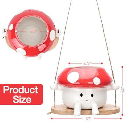 Fungi Fun Mushroom Hanging Planter Pot, Cute Ceramic Swing Face Planter for Indoor & Outdoor, Unique Mushroom Planters for Succulents, String of Pearls Plant, Small Hanging Planters Red & White