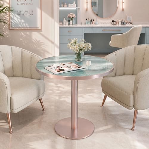 31.5'' Tulip Table, Round Dining Table with Glossy Sintered Stone Tabletop | Rose Gold Aluminum Alloy Edge & Pedestal, Small Bistro Table for Dining Room/Café/Small Spaces/Restaurant (Aqua Jade) - color: Aqua Jade (Rose Gold), size: Round