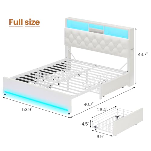 HAUOMS Full Bed Frame with Headboard and 4 Drawers, Cream Upholstered | Storage Headboard with Charging Station and LED Lights, Velvet Platform Bed with 5 Shelf, Noise Free, No Box Spring Needed - color: Velvet Creamy White, size: Full (U.S. Standard)