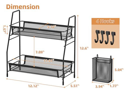 2 Tier Bathroom Countertop Organizer, Vanity Storage Shelf, Small, Black | Bathroom Counter Organizer, Vanity Makeup Tray Shelf, Kitchen Spice Rack, Metal Wire Mesh, with Basket Hooks - color: 2 Tier Small Black