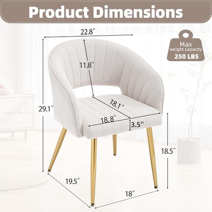 Velvet Home Office Desk Vanity Chair, No Wheels, Gold Legs, Off-White Cream | Modern Accent Chair with Stylish Stripe Design, Spacious‌ Soft Seat for Girls & Women Bedroom Makeup or Nail Table - color: Off-white Cream Velvet, No Wheels