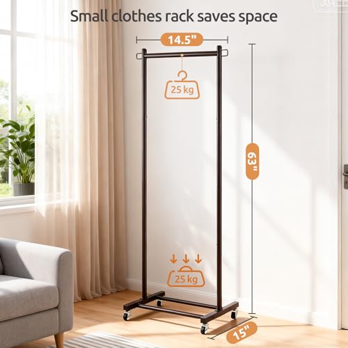 LiaMeE 63 Inch Tall Clothes Rack with Wheels, Heavy Duty Metal Garment Rack with Shoe Shelf, Rolling Clothing Rack Holds 110lbs, Small Space Wardrobe Rack for Bedroom Laundry, Black