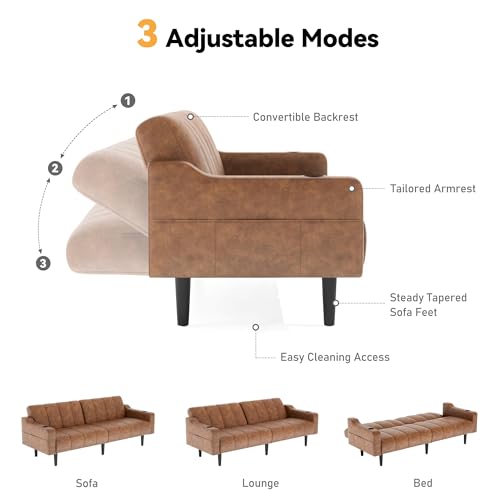 80'' Futon Sofa Bed, Faux Leather Sleeper Couch, Convertible Loveseat with Adjustable Sofa Backrest, Modern Couches for Living Room, Bed Room, Apartment, Office (Light Brown) - color: Faux Leather Light Brown