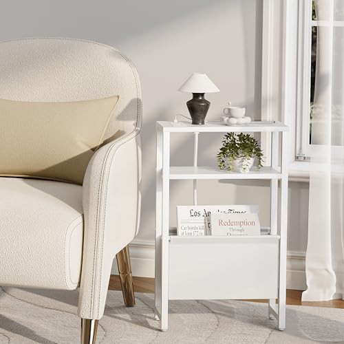 Narrow Side Table with Charging Station Slim End Table Sofa with Magazine Rack, Bedside Table for Small Spaces, 3 Tier Nightstand for Living Room Couch, Bedroom White LET503WE - color: White, style: With Charging Station