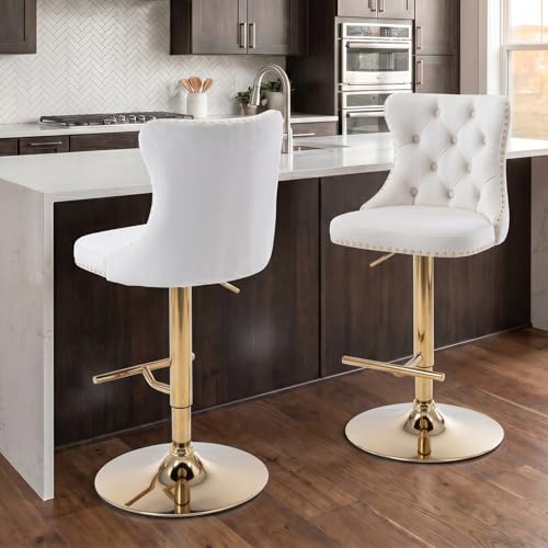 Velvet Bar Stool Set of 2, Adjustable Swivel Bar Stools with Gold Plated Metal Leg, Button Tufted, Footrest, Chrome Nailhead, Counter Height Chair for Kitchen, Bar, Dining Room (Beige) - color: Beige-gold Leg, size: Set of 2