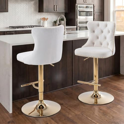 Velvet Bar Stool Set of 2, Adjustable Swivel Bar Stools with Gold Plated Metal Leg, Button Tufted, Footrest, Chrome Nailhead, Counter Height Chair for Kitchen, Bar, Dining Room (Beige) - color: Beige-gold Leg, size: Set of 2