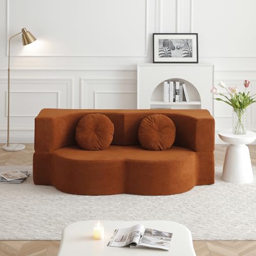 76" Convertible Folding Futon Sofa Bed, Queen Sleeper Sofa with Pillow, Teddy Floor & Futon Loveseat Couch, Foam Folding Mattress Sleeper for Living Room, Guest Use, Apartment, No Assembly (Orange) - color: Orange
