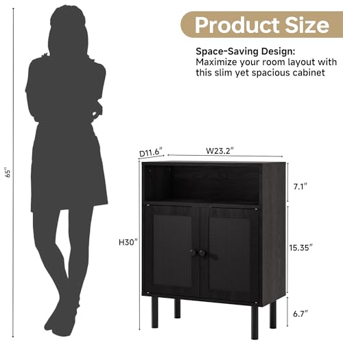 Rattan Storage Cabinet, Boho Accent Cabinet with Double Doors | Small Freestanding Sideboard for Hallway, Laundry Room,Kitchen, Dining Room, Entryway (Black) - color: Black