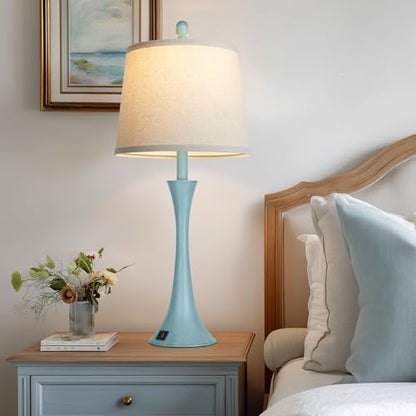 Rinweey Blue Metal Table Lamp Set of 2 with USB C+A Ports, Bedside Lamp, Modern Bedroom Lamps, Coastal Lamp for Night Stands Bedroom Living Room,Nightstand Lamp LED Bulbs Included - color: Blue(2 Pack)