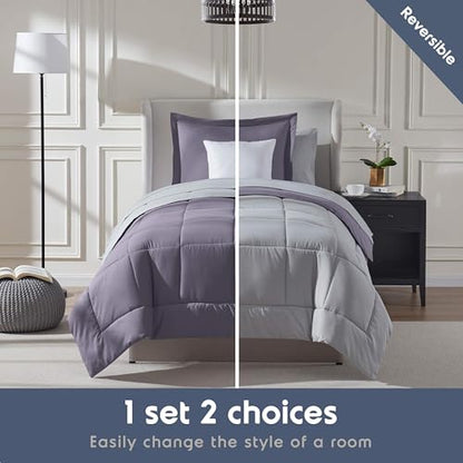 Nestl 5 Piece Twin Comforter Set – Grayish Purple Reversible Bed in a Bag – Complete Twin Size Bedding Set with Sheets, Pillowcase and Sham - color: Grayish Purple, size: Twin