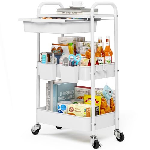 KINGRACK 3 Tier Metal Rolling Cart with Drawer, White Utility Storage Cart | 2 Cups & 4 Hooks, Lockable Wheels, Trolley Organizer for Bathroom, Kitchen, Office, Nursery, Dorm, Laundry, Craft Room - color: White
