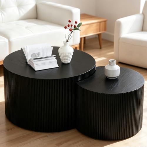 27" Black Round Fluted Nesting Coffee Table Set of 2, A Black | For Living Room, MDF with Spray Painting, Non-Slip Bottom Pads, Nested Crescent End Side Table, Modern Style, For Small Space - color: A Black