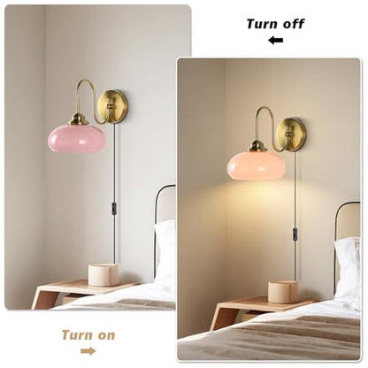 KCO Lighting Modern Pink Glass Wall Light Set of 2 Plug in Antique Brass Wall Sconce Pink and Gold Wall Sconces Bathroom Vanity Light Fixtures Plug in - color: Pink-2PC