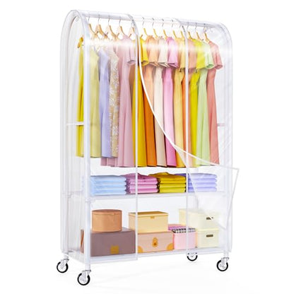 Univivi Rolling Clothes Rack with Clear Dust Cover and Bottom Storage Shelf | Heavy-Duty Metal Frame Clothing Rack, Clear Dustproof Cover, 360° Rotation Wheels, Portable Closet for Bedroom, Laundry Room - color: White Rack with Clear Cover