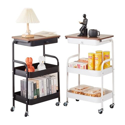 3-Tier Rolling Utility Cart with Drawers, Solid Wood Tabletop Metal Storage Cart, 360° Swivel Wheels & 2 Lockable Casters, Lightweight Mobile Organizer Trolley for Kitchen Living Room Bathroom - color: White