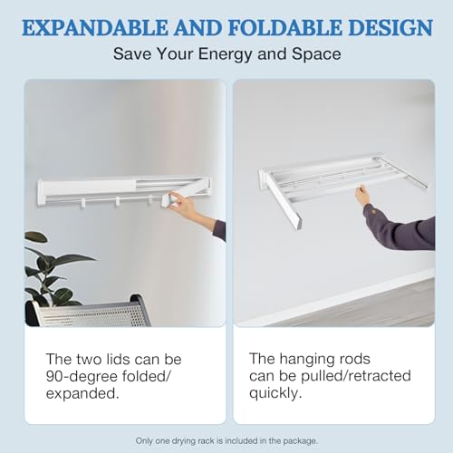 Wall Mounted Clothes Drying Rack with 7 Retractable Rods & 4 Hooks, 33-Inch Foldable Laundry Rack, Space Saving Collapsible Indoor Drying Rack with Wall Template, Heavy-Duty White Aluminum & ABS