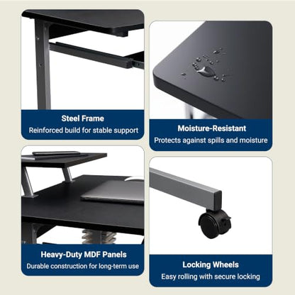 Techni Mobili Rolling Computer Desk Cart w/ Keyboard Tray & Wheels, Black | Locking casters, printer stand, office cart, compact desk, home office, small space computer workstation