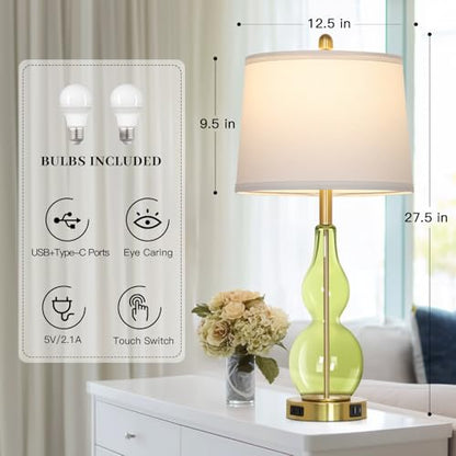 Rinweey 27.5" Green Glass Double Gourd Table Lamp Set of 2,3-Way Dimmable Touch Control Bedside Lamps with USB Ports and AC Outlet, Nautical Nightstand Lamps for Bedroom Living Room - color: Green