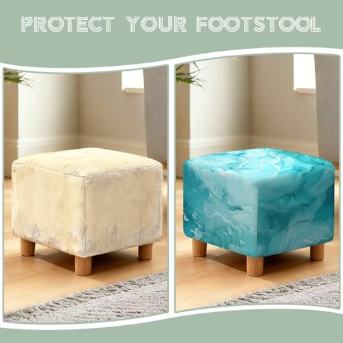 Teal Marble Print Ottoman Cover Square, Storage Ottoman Slipcovers Stretch Footrest Foot Stool Covers Protector with Elastic Band, for Pets - color: Teal Marble
