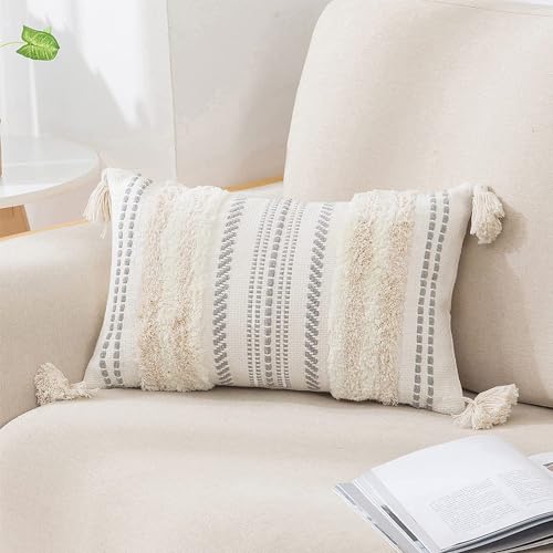 decorUhome Beige and Cream White Throw Pillow Cover 12x20 Pack of 1 | Decorative Boho Lumbar Accent Pillow Cover Neutral Modern Farmhouse Tufted Textured Pillow Cover for Couch Bed Sofa - color: Beige and Cream White, size: 20" x 12" (Pack of 1)
