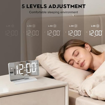 Digital Clock,Alarm Clock Bedside,7.3'' Large LED Mirror with Date Display,Dual Alarm with 3 Mode,Brightnee Adjust,DST,Snooze Function,USB C Charging Port,5 Levels Volume for Desk Bedroom Teens - color: White
