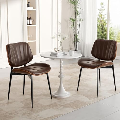 Dining Chairs Set of 2, Mid Century Modern Dining Room Chair, Upholstered Faux Leather Kitchen Chairs with Walnut Bentwood Back and Metal Legs for Kitchen Dining Living Room, Coffee - color: Coffee, size: Set of 2