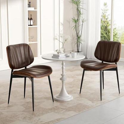 Dining Chairs Set of 2, Mid Century Modern Dining Room Chair, Upholstered Faux Leather Kitchen Chairs with Walnut Bentwood Back and Metal Legs for Kitchen Dining Living Room, Coffee - color: Coffee, size: Set of 2