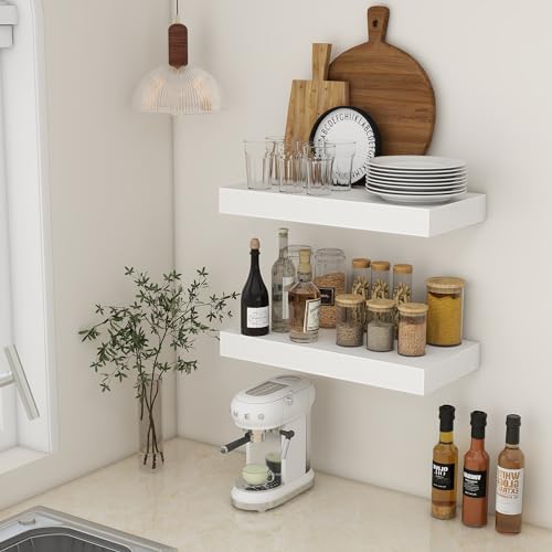 Deep Floating Shelves, 24'' x 12'' White Shelves for Wall Set of 2 | Invisible Brackets, Engineered Wood, Mounting Hardware Included, 40LBS, Bathroom, Laundry Room, Kitchen, Living Room - color: White, size: 24W x 11.6D x 2H, 2 Pack
