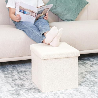 B FSOBEIIALEO Small Storage Ottoman Cube Sherpa Ottomans Foot Rest, Foldable Boucle Ottoman, Faux Teddy Fur, Cream White 15"x15"x15" - color: White, size: 15"D x 15"W x 15"H